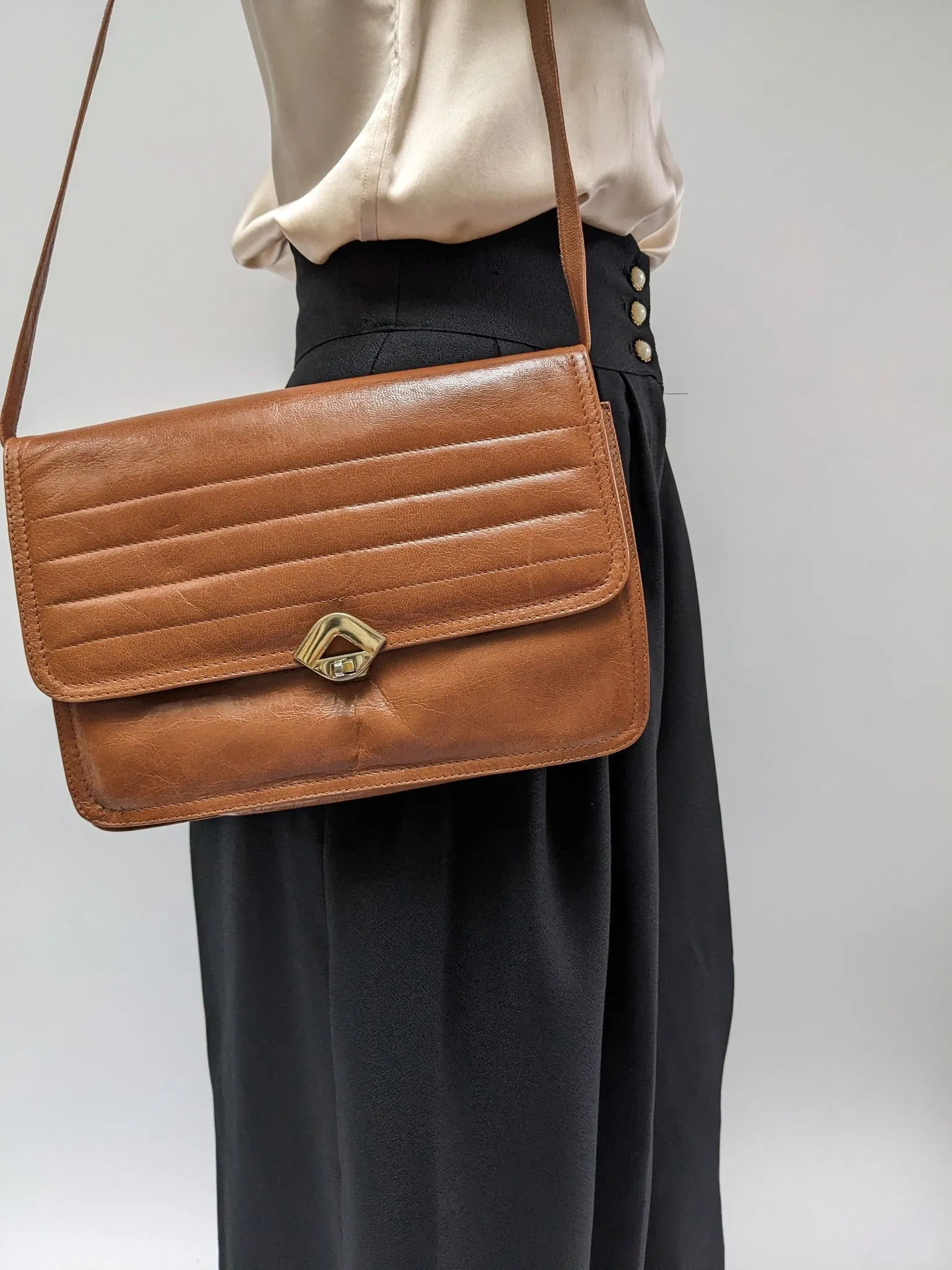 Vintage Cognac Italian Vegan  Leather Shoulder Bag