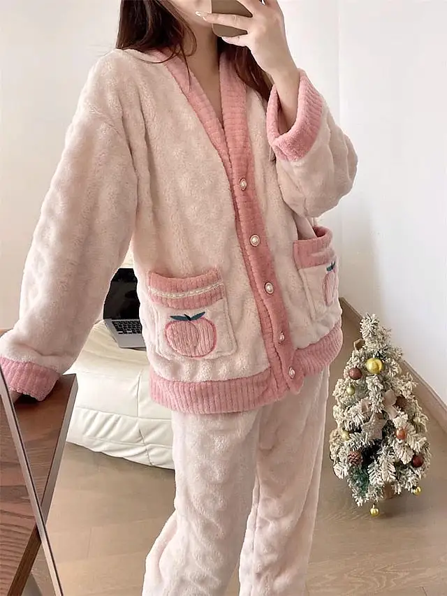 Warm and Cozy Fruit Fashion Fleece Pajama Set Ensemble for Women