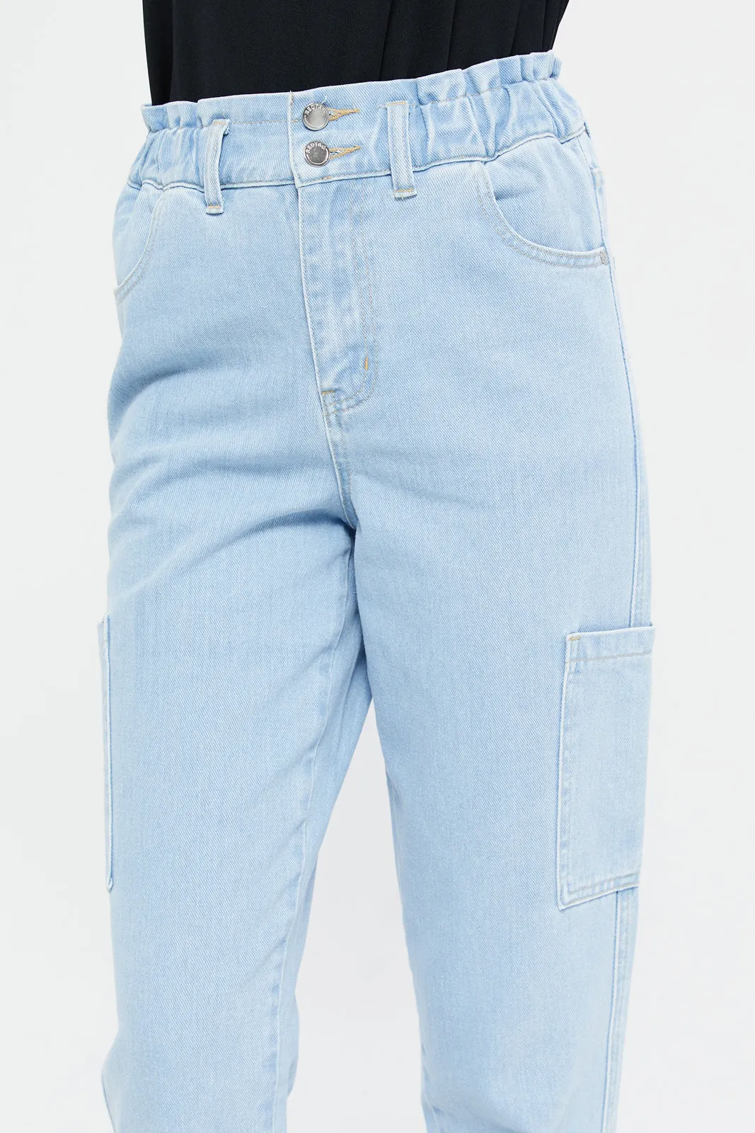 Women Blue Paper Bag Waist Jeans