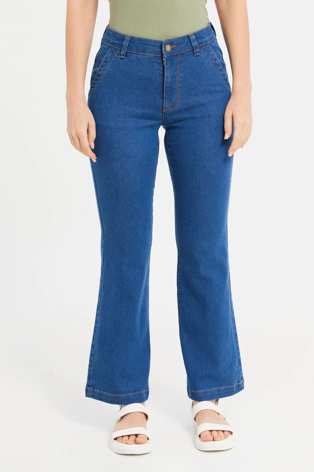 Women Navy High Waisted Wide Leg Jeans