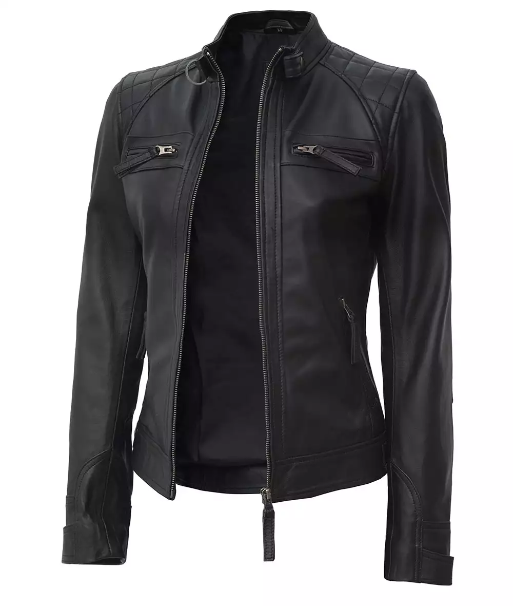 Women's Tall Black Quilted Motorcycle Leather Jacket