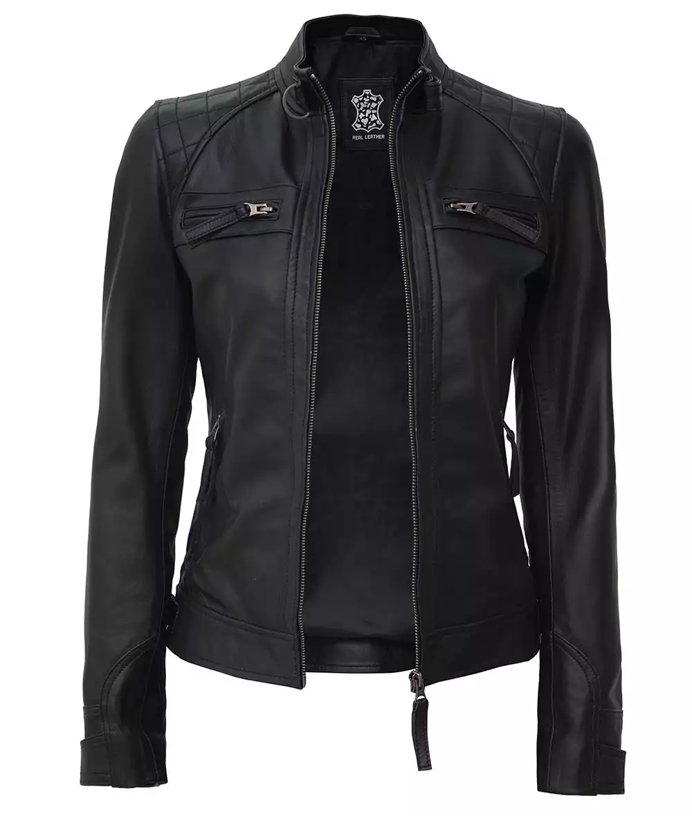 Women's Tall Black Quilted Motorcycle Leather Jacket