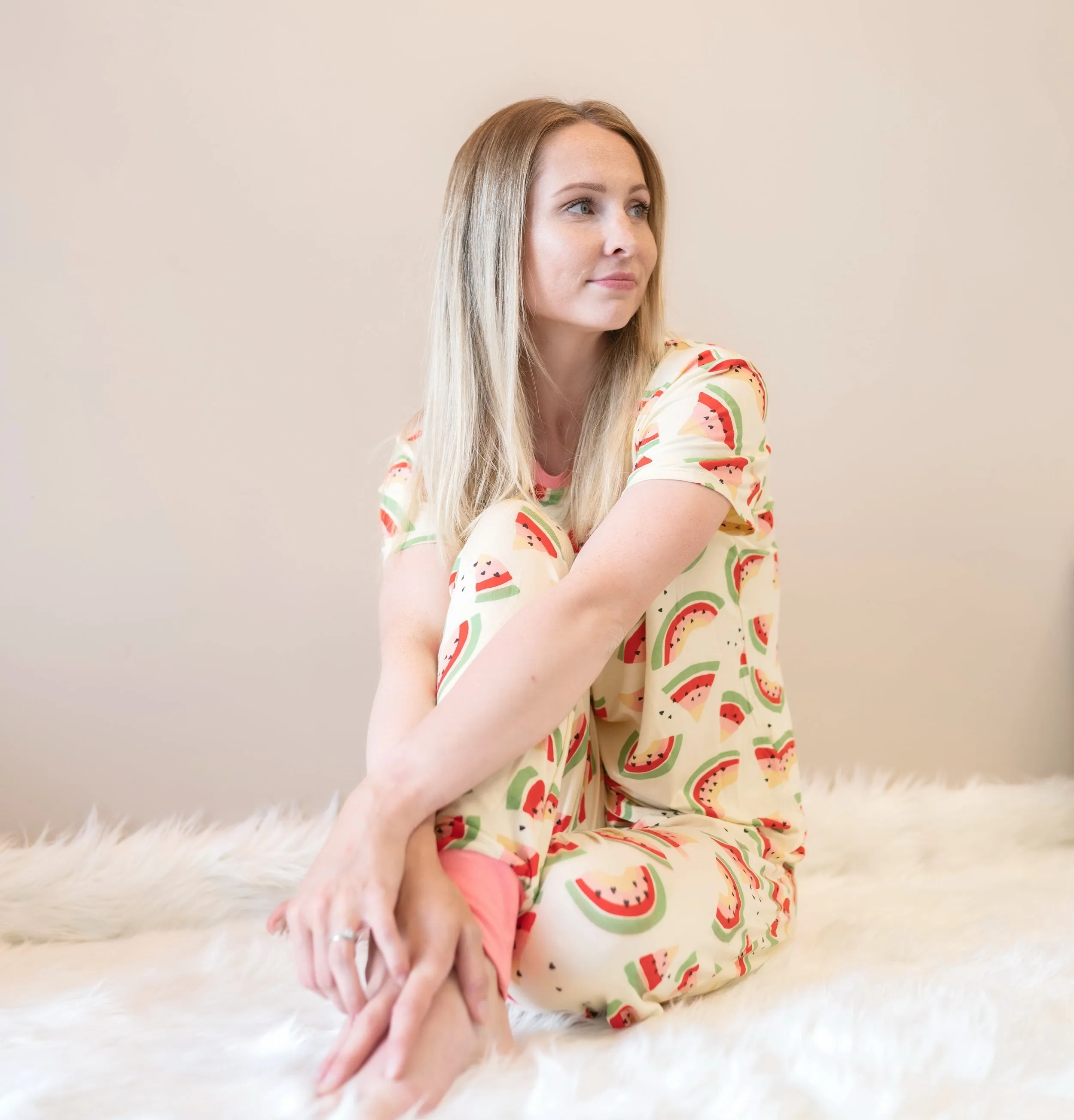 Women's Bamboo Short Sleeve Pajama Set (Watermelon Rainbow Print)