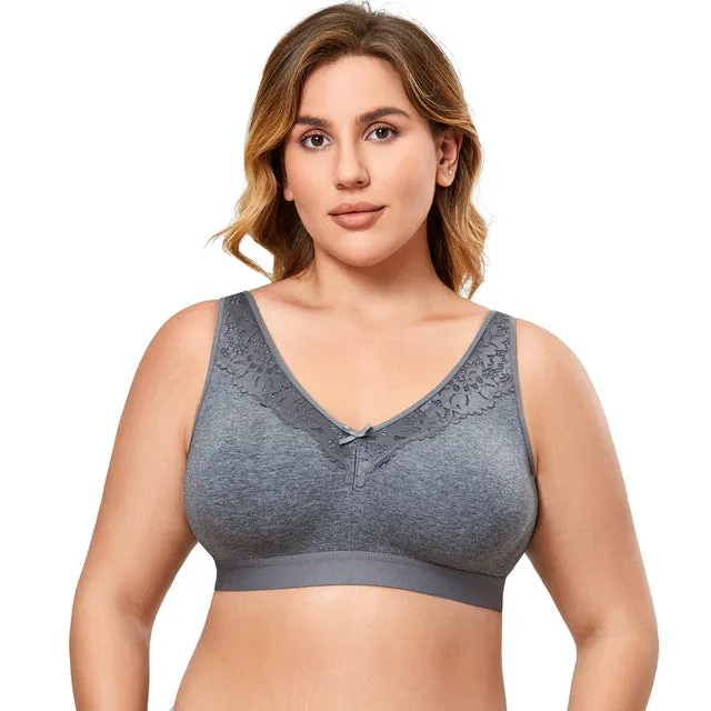 Women's Comfort Seamless Wireless Lace Cotton Unlined Plus Size Bra