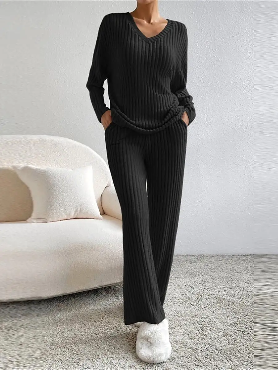 Women's Cozy Knit Drop Shoulder Tee and Pant Lounge Set