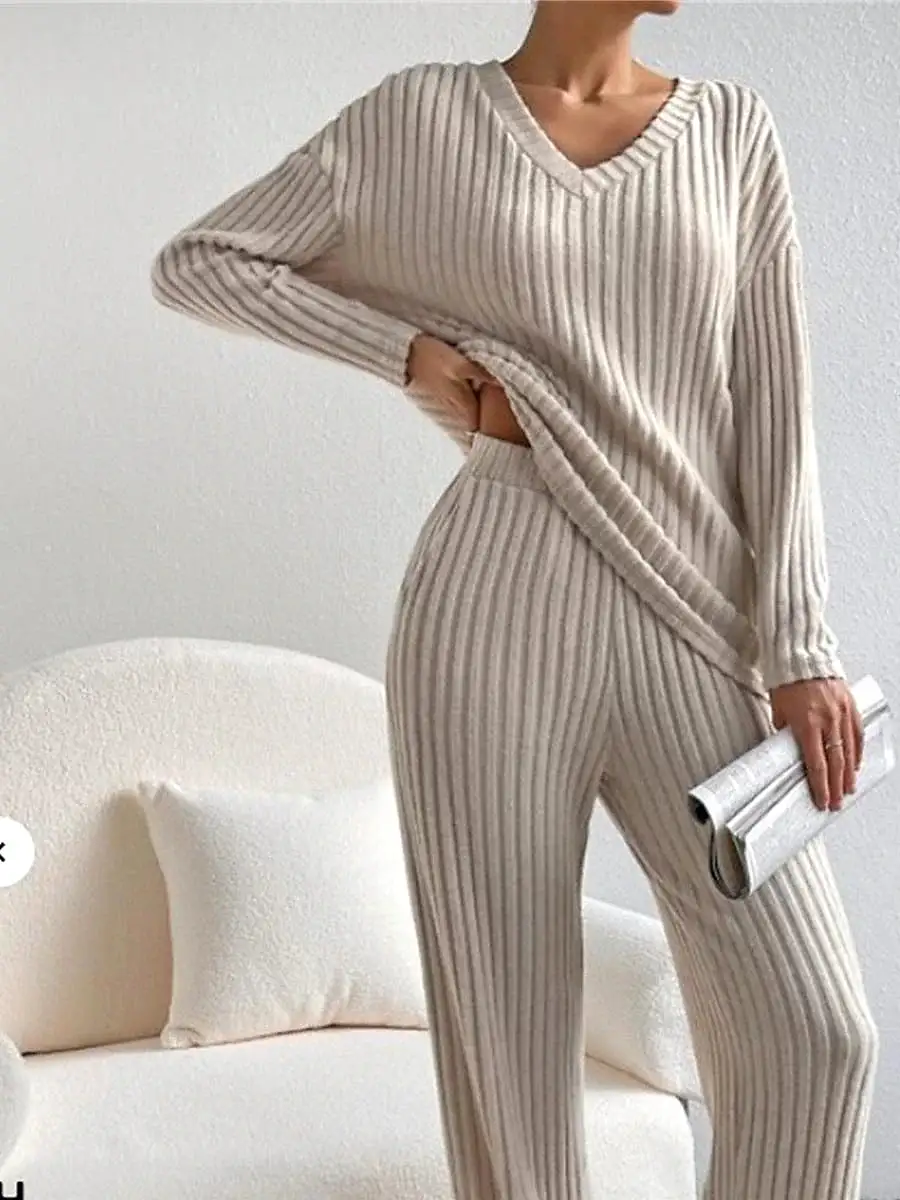 Women's Cozy Knit Drop Shoulder Tee and Pant Lounge Set