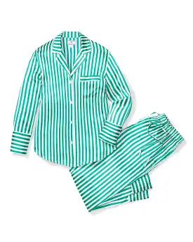 Women's Silk Pajama Set in Green Stripe