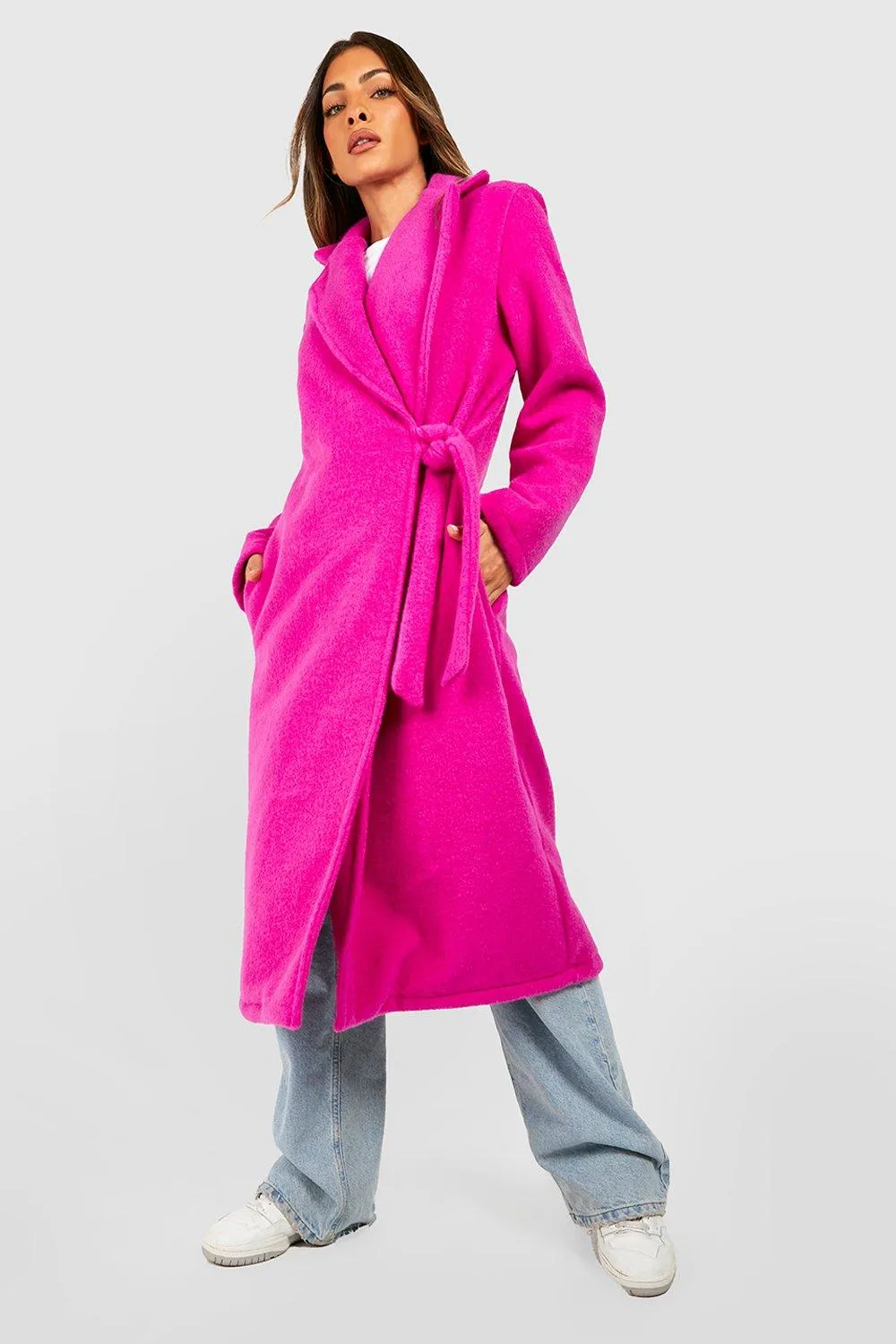 Wool Look Textured Side Tie Oversized Coat