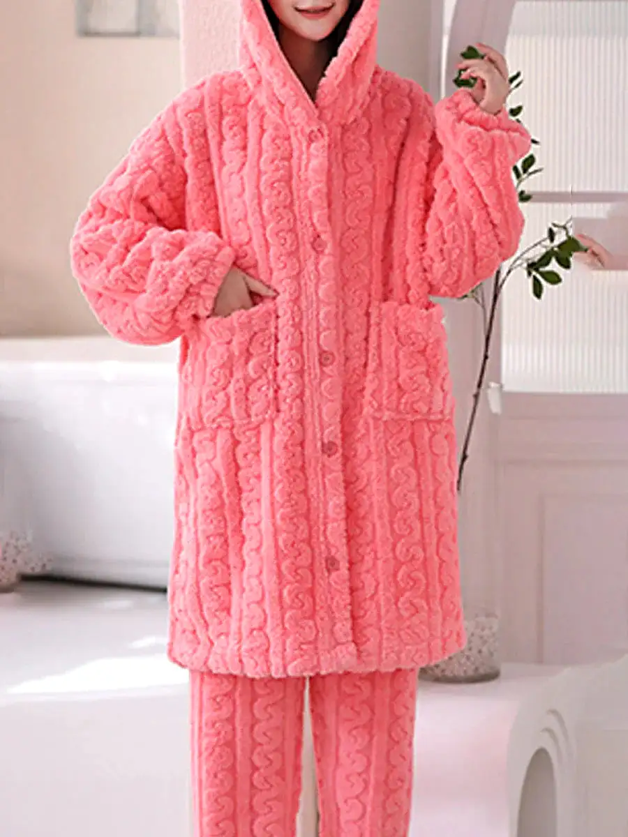 Yellow & Pink Warm Coral Fleece Women's Hooded Pajama Set