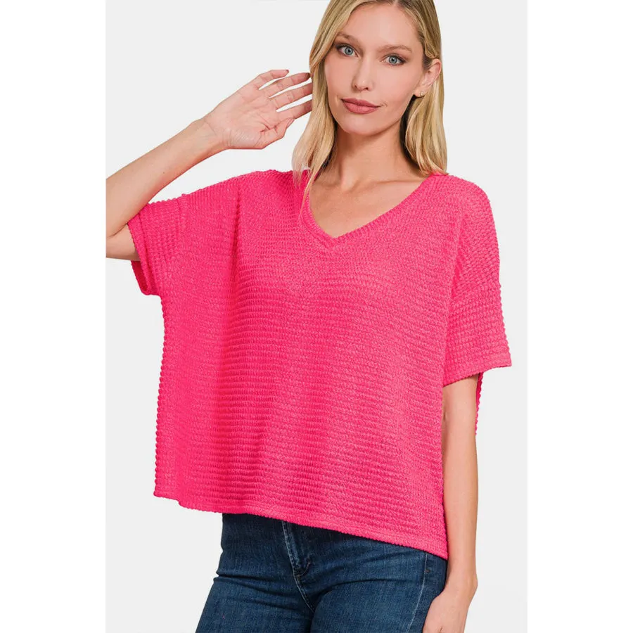 Zenana Drop Shoulder Short Sleeve Jacquard Knit Top