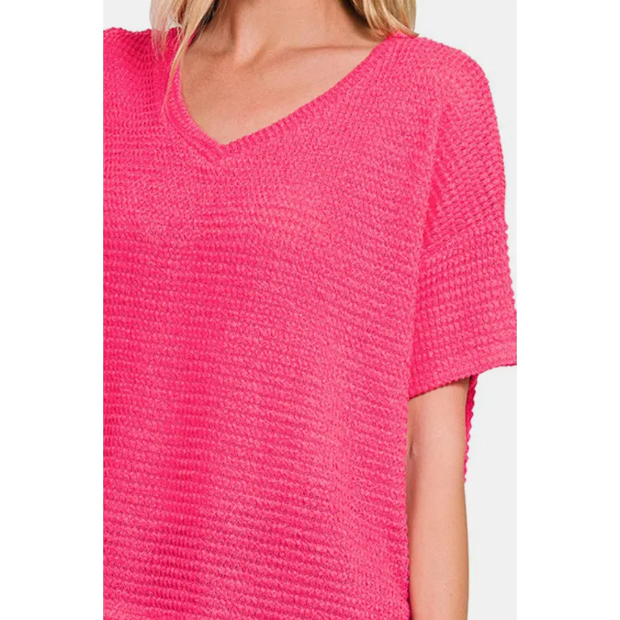 Zenana Drop Shoulder Short Sleeve Jacquard Knit Top