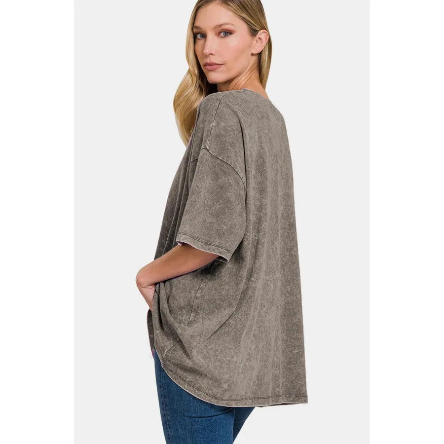 Zenana Washed Round Neck Drop Shoulder Oversized T-Shirt