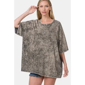 Zenana Washed Round Neck Drop Shoulder Oversized T-Shirt