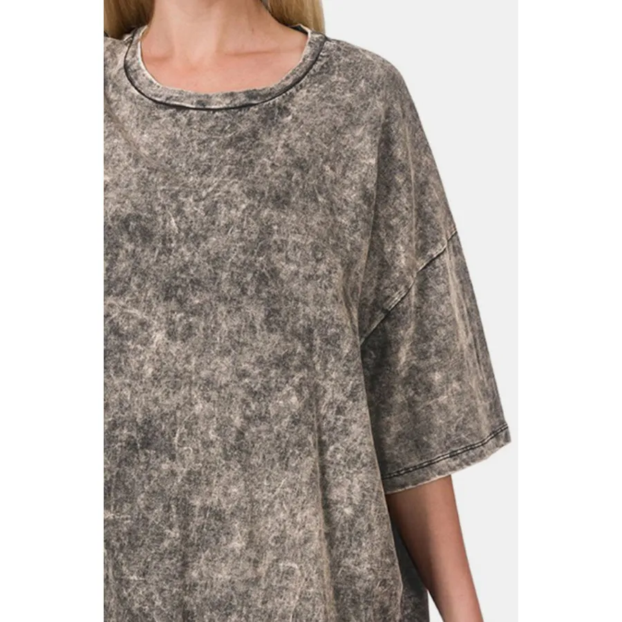 Zenana Washed Round Neck Drop Shoulder Oversized T-Shirt